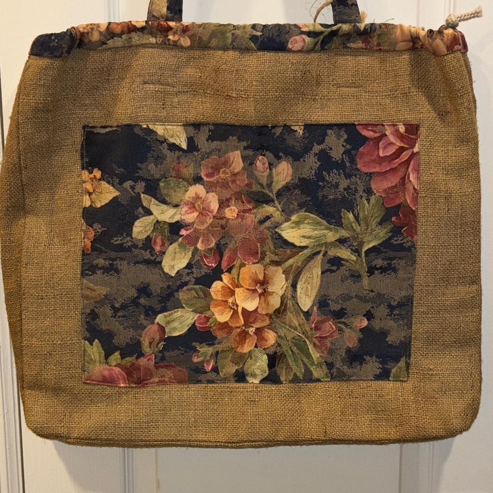 MULTICOLOR FLORAL TAPESTRY JUTE TOTE BAG FLORAL DESIGN CLOTH HANDLES/INTERIOR